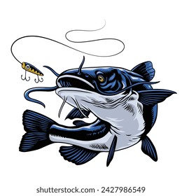 Ilustración dibujada a mano de bagre azul atrapando el señuelo de pesca