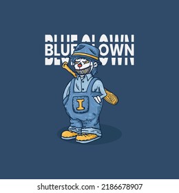 Hand drawn illustration Blue clown with wooden baseball bat