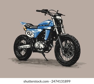 Ilustración dibujada a mano de una motocicleta codificadora personalizada azul de pie en la vista de perfil.