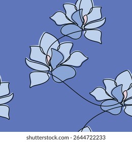 Hand drawn illustration. Blue flower seamless pattern vector. Abstract outline botanical backdrop. Line continuous wallpaper, cartoon background, fabric, textile, minimal print.