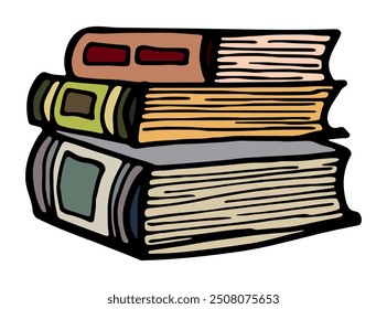 Hand drawn illustration of a book pile. Sketch, vector illustration on white background. Creative ink artwork. Modern cozy drawing. Back to school book. Colorful textbook for education and studying.