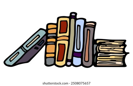 Hand drawn illustration of a book pile. Sketch, vector illustration on white background. Creative ink artwork. Modern cozy drawing. Back to school book. Colorful textbook for education and studying.