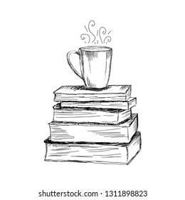 Hand drawn illustration of books and cup of coffee  in sketch style. 