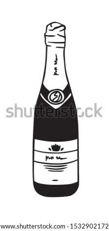 Hand drawn illustration bottle of champagne. Creative ink art work. Actual vector isolated drawing alcohol