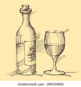 Hand drawn illustration of a bottle of wine with a glass. EPS 10. No transparency. No gradients.
