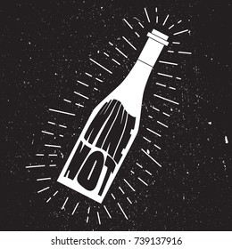 Hand drawn illustration with bottle of wine and lettering. Black and white background vector, english text. Poster design Wine not. Positive concept