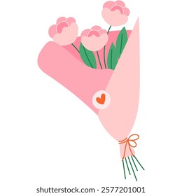 Hand drawn illustration of  bouquet of flowers for Valentines day. Cute girly illustration.Perfect for Mothers day, wedding invitation, birthday card.