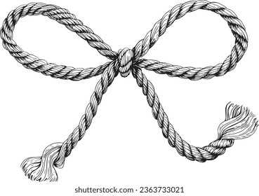 Hand drawn illustration bow knot of the rope in vector. Jute rope with bow. Twine. Isolated illustration on white background.