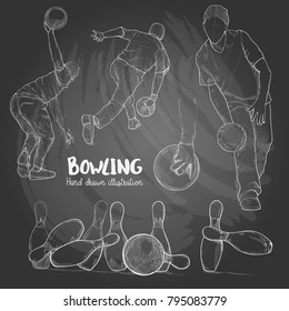 hand drawn illustration of bowling players. chalk drawing style