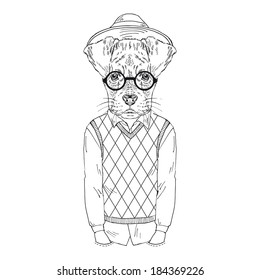 Hand drawn illustration of boxer doggy dressed up in hipster style