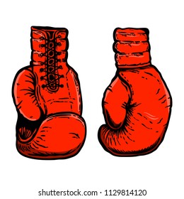 Hand drawn illustration of boxing gloves. Design element for poster, card, t shirt, emblem, sign. Vector illustration