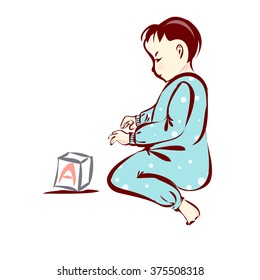 hand drawn illustration the boy child plays with cubes
