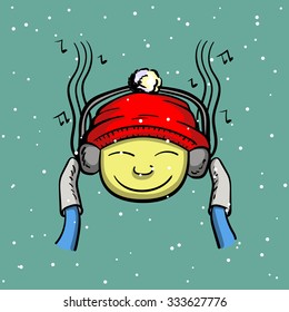 Hand drawn illustration. Boy listening to music on headphones.