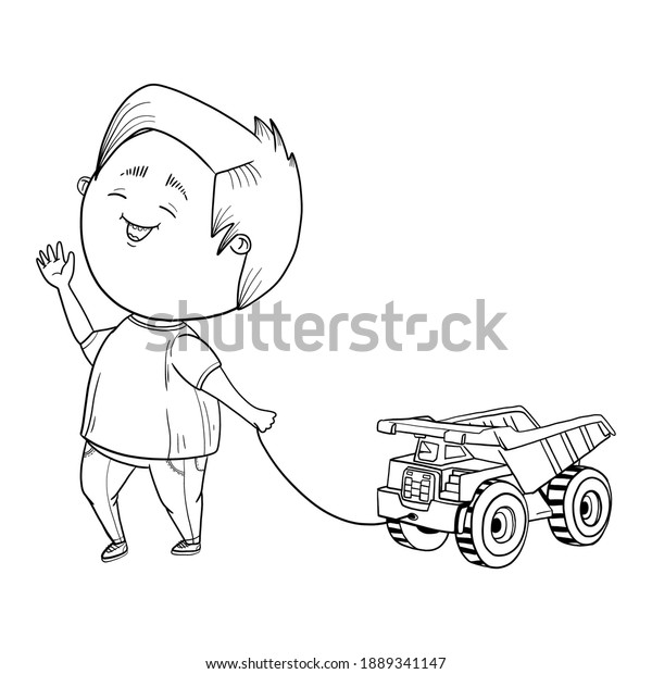 Hand
drawn illustration of a boy with a toy dump
truck