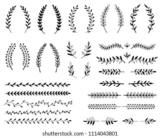 Hand drawn illustration of branches and leaves. Design elements