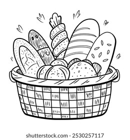 Hand drawn illustration of a bread basket filled with various types of bread
