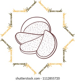 Hand drawn illustration of bread slices in frame of words Homemade. Vector design elements.