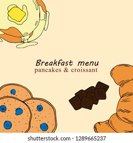 Hand drawn illustration of breakfast menu in cartoon style. Perfect for menu, card, textile design