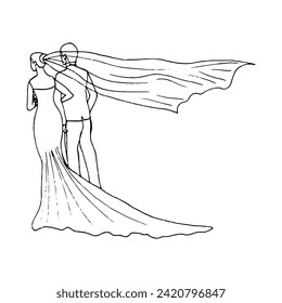 hand drawn illustration of a bride and groom walking off into the distance with a long veil fluttering in the wind. newlyweds from the back - drawing in doodle style