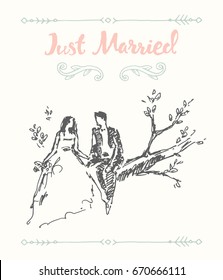 Hand drawn illustration of bride and groom, sitting on the tree branch, vector illustration, sketch