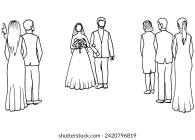 hand drawn illustration of a bride and her bearded father walking hand in hand together towards the altar as standing guests stand looking on. the father of the bride and the bride are walking at the 