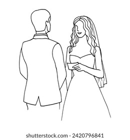 hand drawn illustration of a bride reading her wedding vows to her groom, she smiles. bride and groom at the altar - doodle style drawing