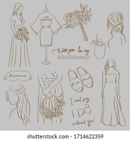 Hand drawn illustration of bridesmaid things, perfect for cards or wedding invitation. Doodle style. Vector illustration
