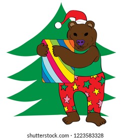Hand drawn illustration of a brown bear with a gift in front of a Christmas tree