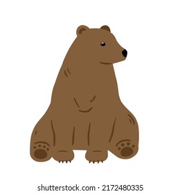 Hand drawn illustration with brown bear. Cute adorable forest character. Vector lovely bear in flat style isolated on white background. Cartoon woodland creature. Childish illustration