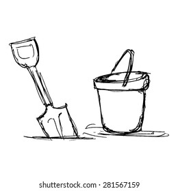 Hand drawn illustration of a bucket and spade