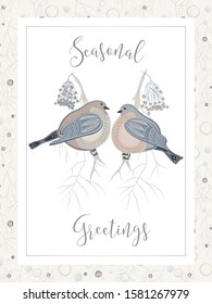 Hand drawn illustration of the bullfinches on tree branches in nordic color palette suitable for print and web use