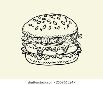 
Hand drawn illustration of a burger. Set of hand drawn hamburger, burger. Set of doodle style hamburger, burger. Vector illustration