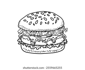 
Hand drawn illustration of a burger. Set of hand drawn hamburger, burger. Set of doodle style hamburger, burger. Vector illustration