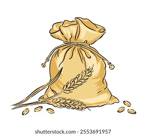 Hand drawn illustration of a burlap sack filled with grains and wheat on a white background vector