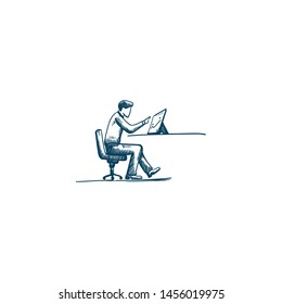 hand drawn illustration of business man using tablet looking progress finance