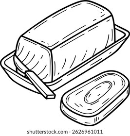 Hand drawn illustration of butter in its dish ready for a meal or recipe preparation.