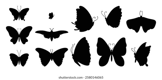 Hand drawn illustration with butterflies. Vector set of insect silhouettes for design, decoration and tattoos. Various wing shapes and butterfly sizes.