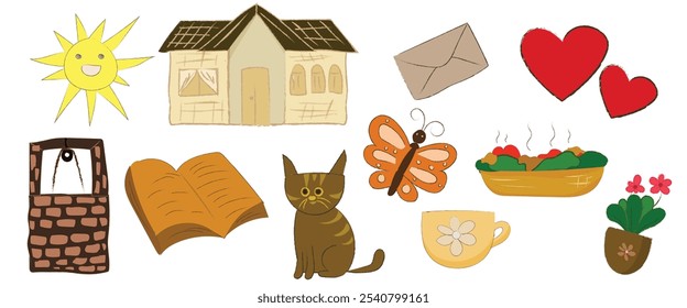 hand drawn Illustration with butterfly, plants in pot, house decoration, book, envelope, food, sun and brown cat.