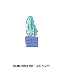Hand drawn Illustration of cactus on pot. Cute children art. Cartoon style hand drawn decorative, indoor, green cactus for poster icon