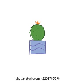 Hand drawn Illustration of cactus on pot. Cute children art. Cartoon style hand drawn decorative, indoor, green cactus for poster icon