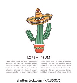 Hand drawn illustration with cactus, sombrero and lettering. Colorful background vector. Poster design with english text. Mexico, card. Decorative backdrop, good for printing