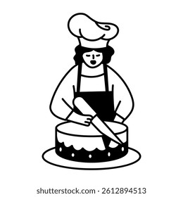 Hand drawn illustration of a cake baker decorating a birthday cake 