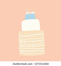 Hand drawn illustration. cake with candles on beige background