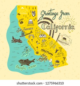 Hand drawn illustration of California map with tourist attractions. Travel  concept. Template for card, poster, banner, print for t-shirt, pin, badge, patch. 