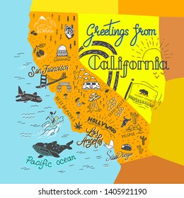 Hand drawn illustration of California map with tourist attractions. Travel  concept. Template for card, poster, banner, print for t-shirt, pin, badge, patch. 