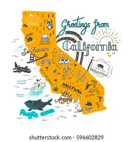 Hand drawn illustration of California map with tourist attractions. Travel  concept.