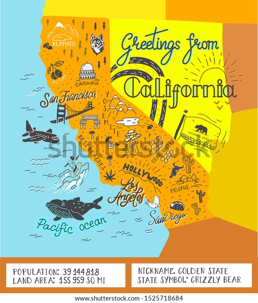 Hand Drawn Illustration California Map Tourist Buildings