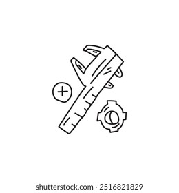 Ilustração desenhada à mão de um caliper, um parafuso e uma máquina de lavar, ferramentas mecânicas, engenharia, construção, fabricação.