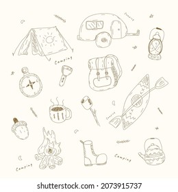 Hand drawn illustration camping equipment, isolated background, vector