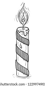 Hand drawn illustration of candle with fire. Black and white vector flat cartoon illustration.